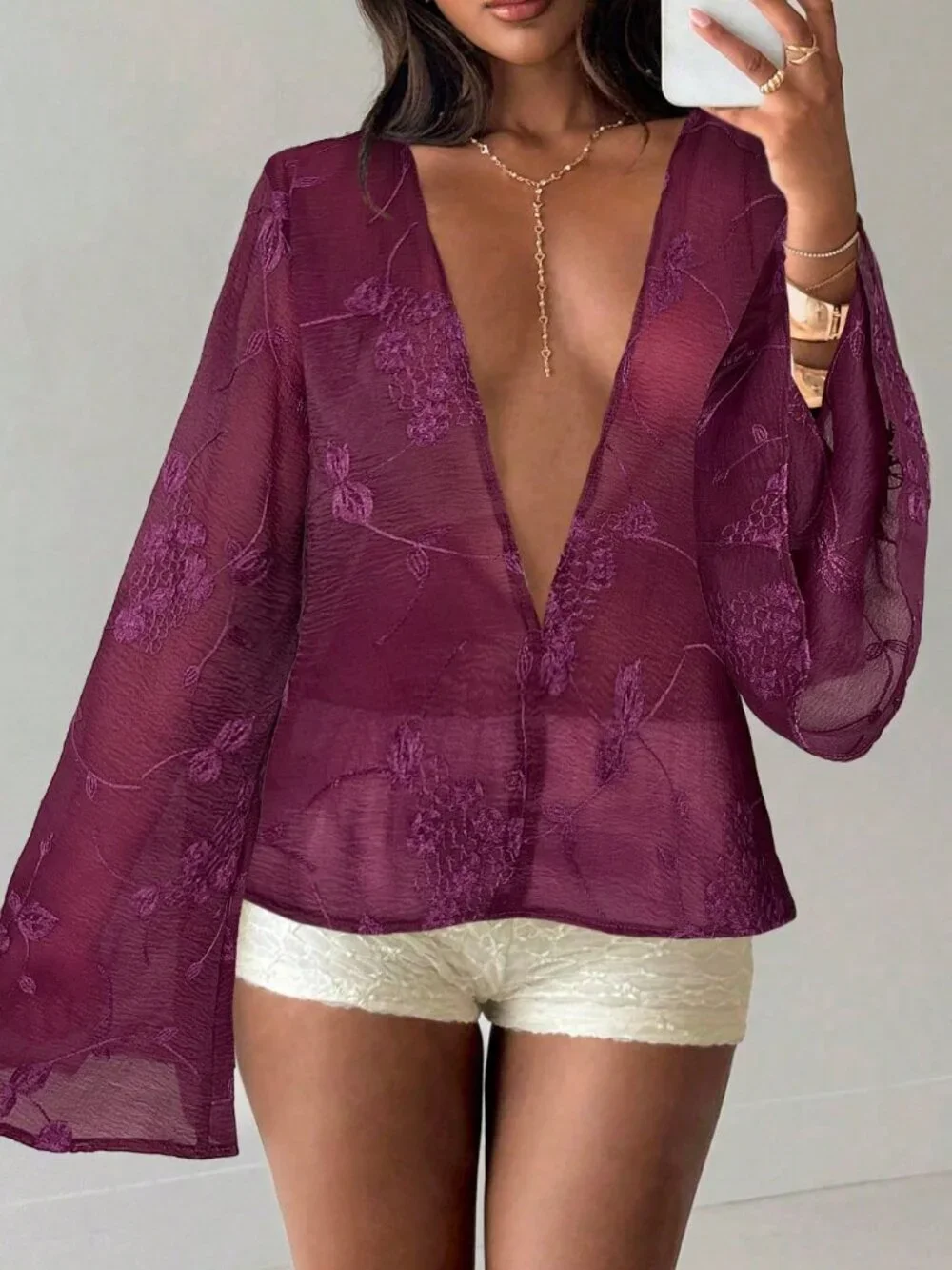 Sexy Women's Deep V-Neck Floral Embroidery Pattern Casual Versatile Shirt
